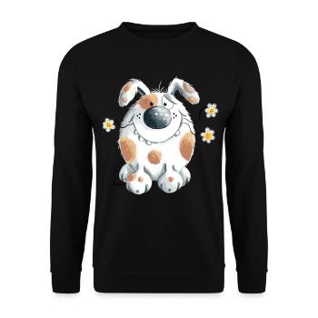 Hund mit Gänseblümchen Niedliches Cartoon  - Unisex Pullover - Schwarz - Vorne - Alina (178cm) & Michal (187cm)