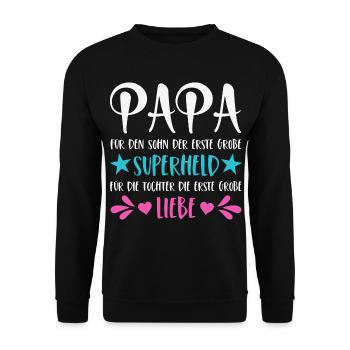 Papa Sohn Superheld Tochter Erste Große Liebe - Unisex Pullover - Schwarz - Vorne - Alina (178cm) & Michal (187cm)