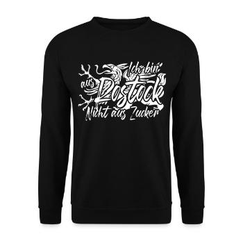 Ich bin aus Rostock nicht aus Zucker - Unisex Pullover - Schwarz - Vorne - Alina (178cm) & Michal (187cm)