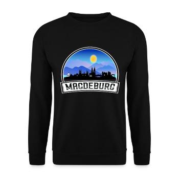 Magdeburg Deutschland Skyline Vintage Sonnenuntergang Reisen So - Unisex Pullover - Schwarz - Vorne - Alina (178cm) & Michal (187cm)