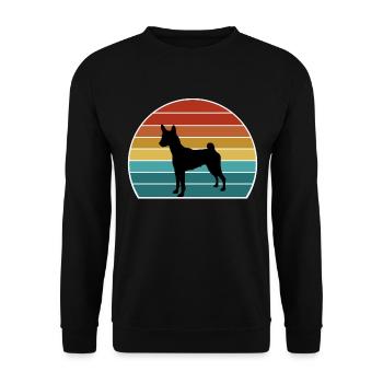 Basenji Hund Silhouette Vintage Sonnenuntergang für Hundeliebe - Unisex Pullover - Schwarz - Vorne - Alina (178cm) & Michal (187cm)