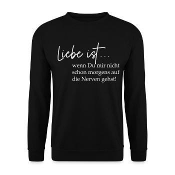 Liebe ist entspanntes Morgenmotto - Unisex Pullover - Schwarz - Vorne - Alina (178cm) & Michal (187cm)