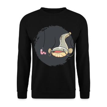Lustiges Welsfisch-Angeldesign mit Wurmhaken - Unisex Pullover - Schwarz - Vorne - Alina (178cm) & Michal (187cm)