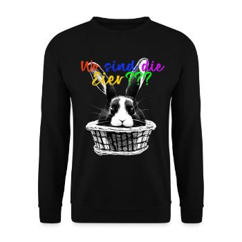 Osterdesign Hase im Korb T-Shirt mit der Frage - Unisex Pullover - Schwarz - Vorne - Alina (178cm) & Michal (187cm)