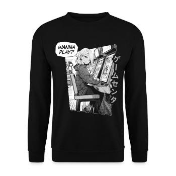 Arcade Anime Girl in Gaming Center "want to play?" - Unisex Sweatshirt - black - Front - Alina (178cm) & Michal (187cm)