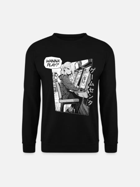 Arcade Anime Girl in Gaming Center “Wanna play?” - Unisex Pullover - Schwarz