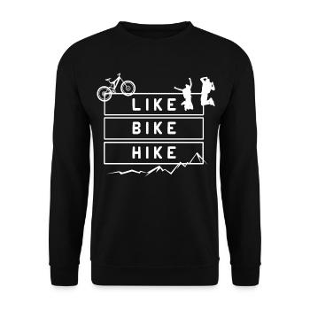 Like Bike Hike Berge Wandern – Grafikdesign Zitat - Unisex Pullover - Schwarz - Vorne - Alina (178cm) & Michal (187cm)