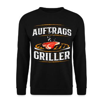 Auftragsgriller - Lustiger Spruch BBQ Grillmeister - Unisex Pullover - Schwarz - Vorne - Alina (178cm) & Michal (187cm)