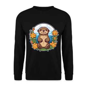 Niedliches Otter-Design | Sommerstimmung | Blumen - Unisex Pullover - Schwarz - Vorne - Alina (178cm) & Michal (187cm)