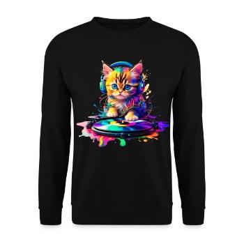 Kätzchen DJ - Regenbogen 2 - Unisex Pullover - Schwarz - Vorne - Alina (178cm) & Michal (187cm)