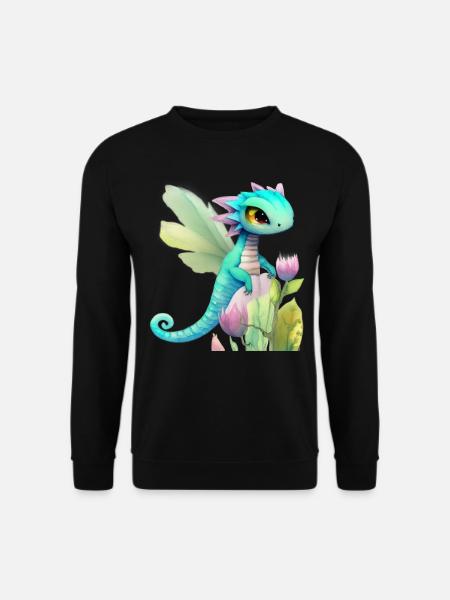 Kawaii-Drachenkarikatur auf rosa Blume - Unisex Pullover - Schwarz