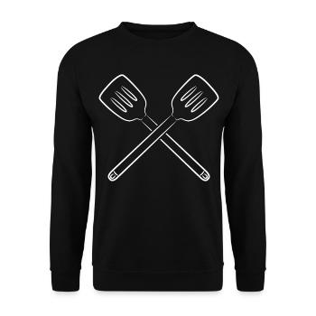 Skizze Schlitzlöffel - Unisex Pullover - Schwarz - Vorne - Alina (178cm) & Michal (187cm)