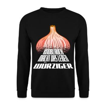 Kräftige Knoblauchgrafik mit fetter Typo - Unisex Pullover - Schwarz - Vorne - Alina (178cm) & Michal (187cm)