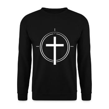 Minimalistisches Christuskreuz - Unisex Pullover - Schwarz - Vorne - Alina (178cm) & Michal (187cm)