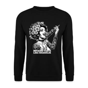 Schaschlik lecker Frau Tattoo Geschenk - Unisex Pullover - Schwarz - Vorne - Alina (178cm) & Michal (187cm)