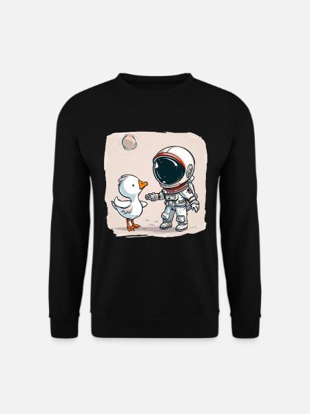 Cute Astronaut and Goose Cartoon Design | Space - Unisex Sweatshirt - black