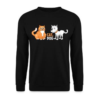 Fröhliche Illustration einer Katze und eines Hundes. - Unisex Pullover - Schwarz - Vorne - Alina (178cm) & Michal (187cm)