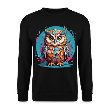 Liebenswerte Eule auf Farbklecksen - Unisex Pullover - Schwarz - Vorne - Alina (178cm) & Michal (187cm)