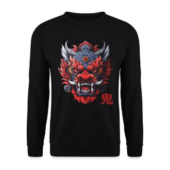 Oni, japanischer Dämon - Unisex Pullover - Schwarz - Vorne - Alina (178cm) & Michal (187cm)