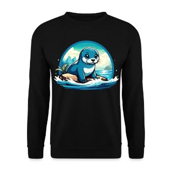 Robbe auf Felsen - Unisex Pullover - Schwarz - Vorne - Alina (178cm) & Michal (187cm)