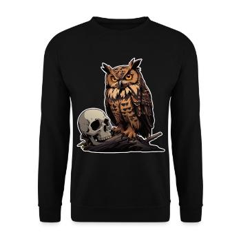 Mystische Eule sitzt auf einem Skull - Unisex Pullover - Schwarz - Vorne - Alina (178cm) & Michal (187cm)