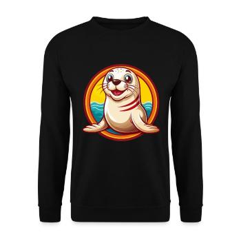 Robbe Niedlich Lustig Kawaii Cartoon Clipart Tier Haustier - Unisex Pullover - Schwarz - Vorne - Alina (178cm) & Michal (187cm)
