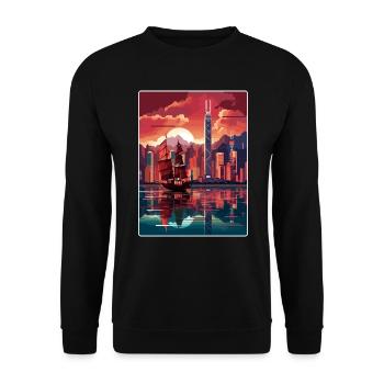 Hongkong China Reise Poster Souvenir Farbe WPA - Unisex Pullover - Schwarz - Vorne - Alina (178cm) & Michal (187cm)