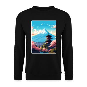 Mount Fuji Japan Travel Poster Souvenir Paint WPA - Unisex Sweatshirt - black - Front - Alina (178cm) & Michal (187cm)