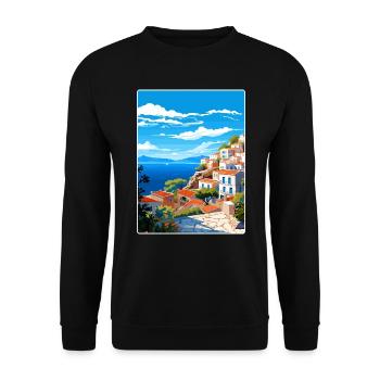 Hydra Greece Travel Poster Souvenir Postcard Paint - Unisex Sweatshirt - black - Front - Alina (178cm) & Michal (187cm)