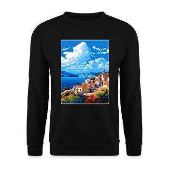 Hydra Greece Travel Poster Souvenir Postcard Paint - Unisex Sweatshirt - black - Front - Alina (178cm) & Michal (187cm)