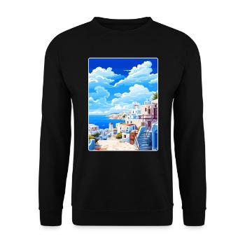 Mykonos Griechenland Reise Poster Souvenir Malerei WPA - Unisex Pullover - Schwarz - Vorne - Alina (178cm) & Michal (187cm)