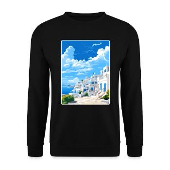 Mykonos Griechenland Reise Poster Souvenir Malerei WPA - Unisex Pullover - Schwarz - Vorne - Alina (178cm) & Michal (187cm)
