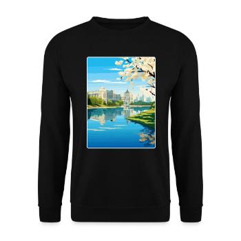 Bucharest Romania Travel Poster Souvenir Paint WPA - Unisex Sweatshirt - black - Front - Alina (178cm) & Michal (187cm)