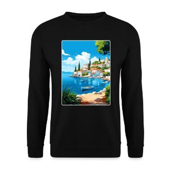Porto Heli Greece Travel Poster Souvenir Paint WPA - Unisex Sweatshirt - black - Front - Alina (178cm) & Michal (187cm)