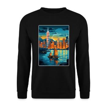 Hong Kong Chine Voyage Affiche Souvenir Peinture WPA - Sweat-shirt Unisexe - noir - Devant - Alina (178cm) & Michal (187cm)