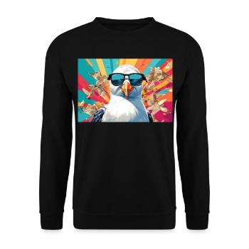 Coole Möwe im Getümmel - Unisex Pullover - Schwarz - Vorne - Alina (178cm) & Michal (187cm)