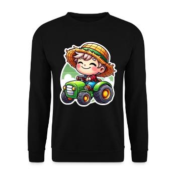 Kleiner Strohhutjunge fährt grünen Traktor - Unisex Pullover - Schwarz - Vorne - Alina (178cm) & Michal (187cm)