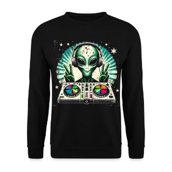 Friedlicher Alien-DJ – Funky Beats Cosmic Design - Unisex Pullover - Schwarz - Vorne - Alina (178cm) & Michal (187cm)