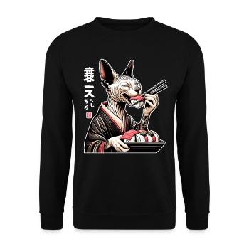 Un chat Sphynx heureux en kimono sushi - Sweat-shirt Unisexe - noir - Devant - Alina (178cm) & Michal (187cm)
