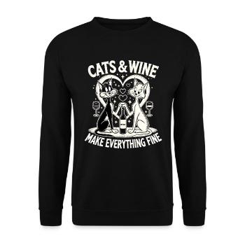 Katzen und Wein machen alles fein witzig Geschenk - Unisex Pullover - Schwarz - Vorne - Alina (178cm) & Michal (187cm)