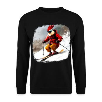 Hühner Ski / Skifahrer Huhn - Unisex Pullover - Schwarz - Vorne - Alina (178cm) & Michal (187cm)
