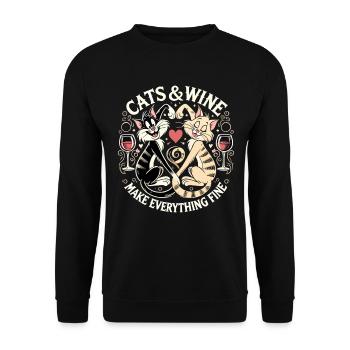 Katzen und Wein machen alles fein witzig Geschenk - Unisex Pullover - Schwarz - Vorne - Alina (178cm) & Michal (187cm)