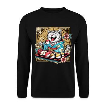 Sushi Katze getigert Kimono Maki Nigiri Geschenk - Unisex Pullover - Schwarz - Vorne - Alina (178cm) & Michal (187cm)