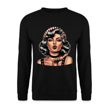 Rockabilly Kussmund Luftkuss pusten Retro Geschenk - Unisex Pullover - Schwarz - Vorne - Alina (178cm) & Michal (187cm)