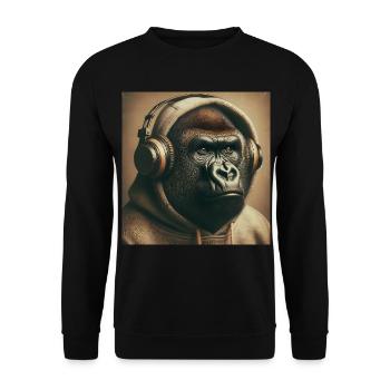 Gorilla mit Kopfhörer in Hoodie - Unisex Pullover - Schwarz - Vorne - Alina (178cm) & Michal (187cm)