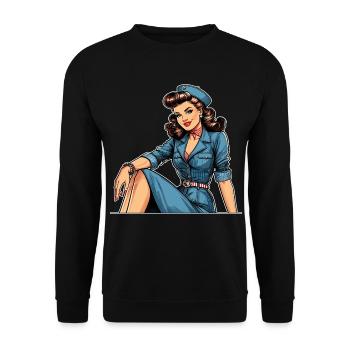 Pin Up Retro Stewardess Flugbegleiterin Geschenk - Unisex Pullover - Schwarz - Vorne - Alina (178cm) & Michal (187cm)