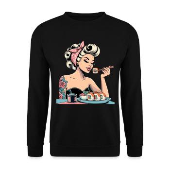 Pin Up Frau blond Rockabilly Sushi Retro Geschenk - Unisex Pullover - Schwarz - Vorne - Alina (178cm) & Michal (187cm)