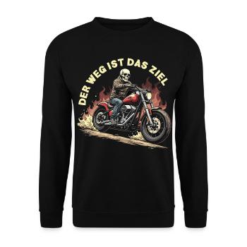 Totenkopf auf Motorrad mit Flammen - Unisex Pullover - Schwarz - Vorne - Alina (178cm) & Michal (187cm)