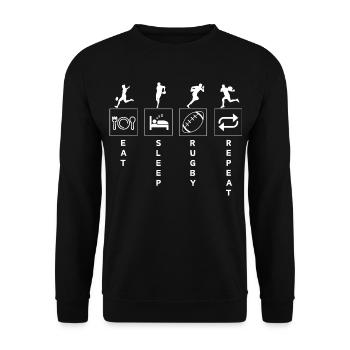 Lustiges Rugby-Sport-Zitat Essen Schlaf Wiederholen - Unisex Pullover - Schwarz - Vorne - Alina (178cm) & Michal (187cm)