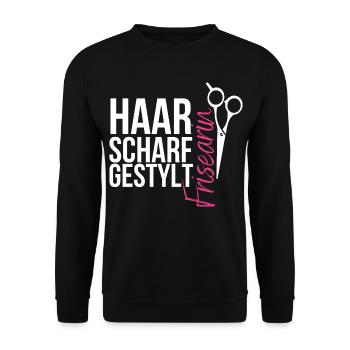 Haarscharf gestylt - Frisearin, Friseurin - Unisex Pullover - Schwarz - Vorne - Alina (178cm) & Michal (187cm)